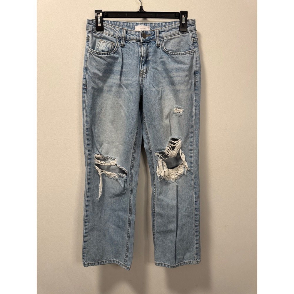 Oak + Fort Distressed Straight Leg Jeans Light Wash Ripped Denim Women Cotton S